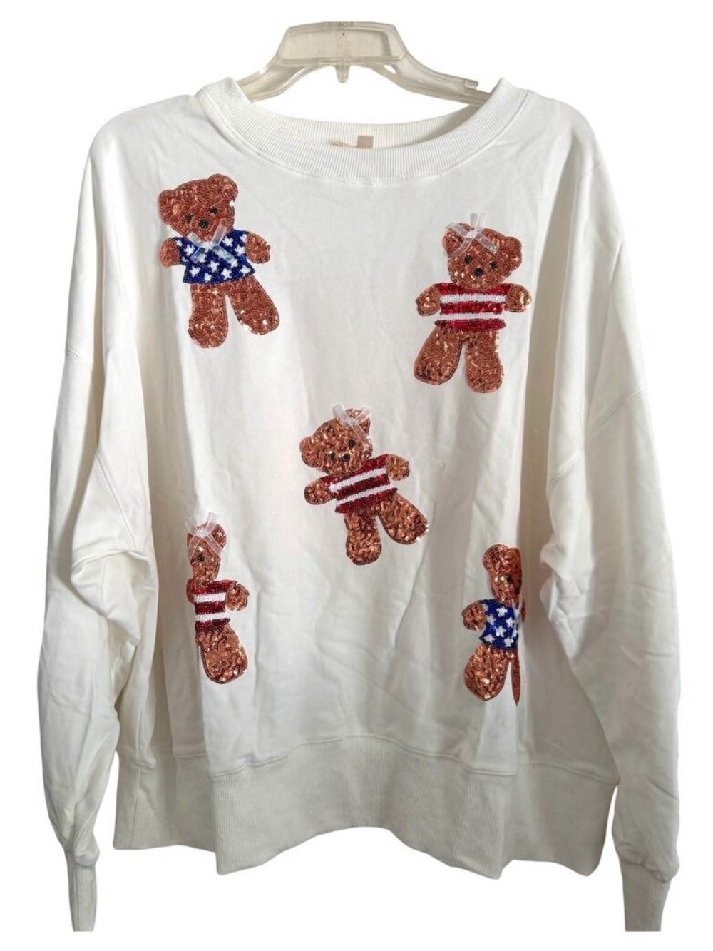 Peach Love USA Sequin Teddy Bear Sweatshirt Patriotic Fourth of July Medium NWT